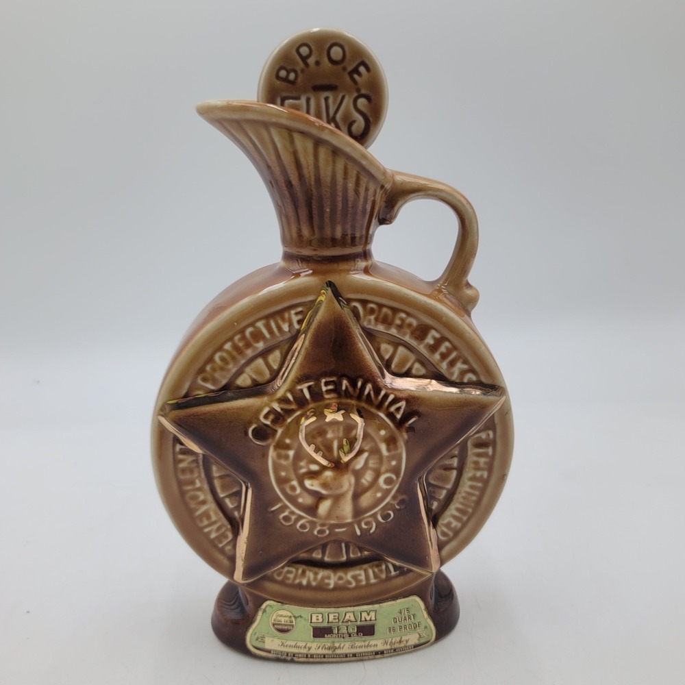 Vintage 1968 Jim Beam Elks Centennial Decanter BPOE Regal China Brown Gold 10.5"